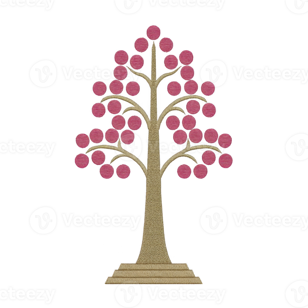 This features embroidered tree design with brown trunk and branches, adorned with pink circular elements resembling leaves or fruits, set against transparent background png
