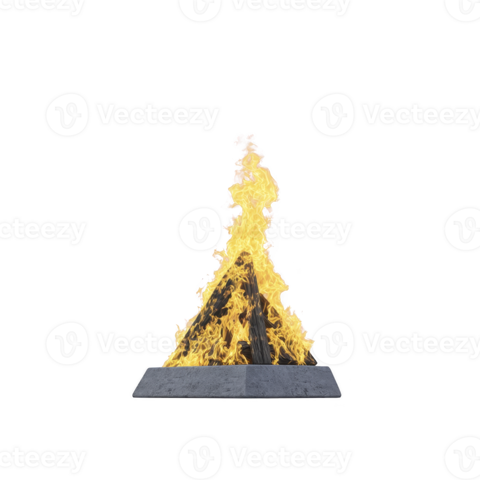 Blazing campfire with bright yellow flames burns on stone platform, creating warm and inviting atmosphere. firewood is arranged in pyramid shape, enhancing fire intensity png