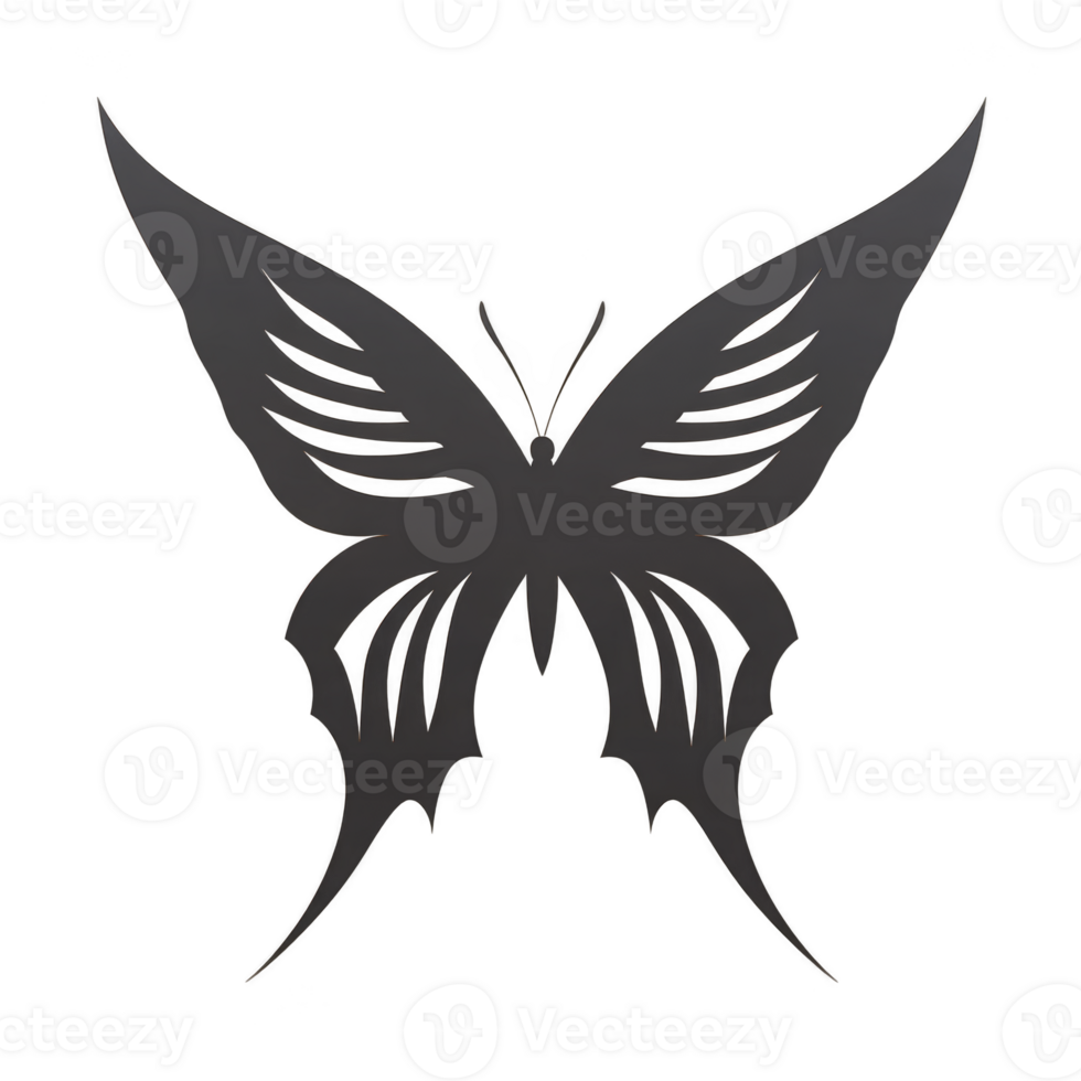 Black silhouette of butterfly with intricate wing patterns creates striking and elegant design. symmetrical shape and detailed cutouts add sense of grace and beauty to image png