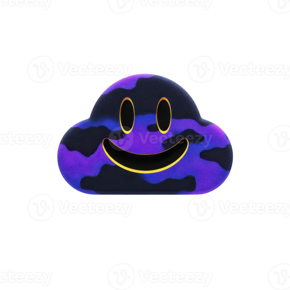 Vibrant, smiling cloud illustration with camouflage pattern in shades of purple and black, featuring cheerful expression. design is playful and modern, suitable for creative projects png