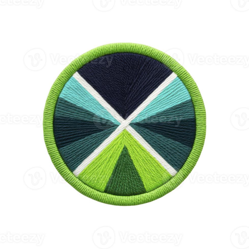 Circular embroidered patch features geometric design with green, blue, and white sections radiating from center, creating dynamic and vibrant pattern. patch is bordered by bright green edge png