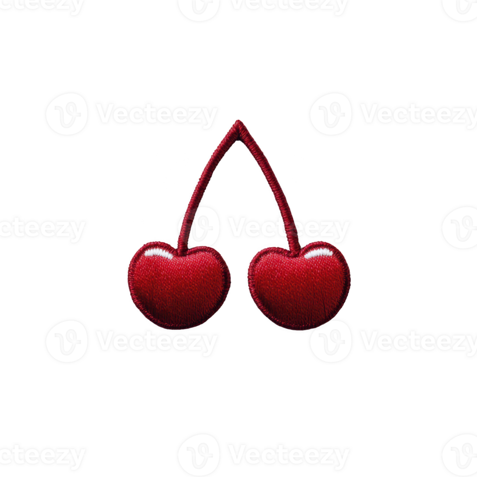 Two red cherries with glossy finish are connected by single stem, set against plain background. cherries have heart like shape, giving playful and vibrant feel png