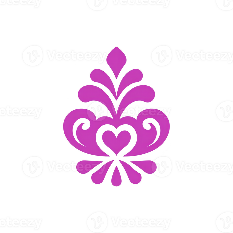 Vibrant pink ornamental design with heart shape at its center, featuring symmetrical curves and floral elements, set against transparency background png
