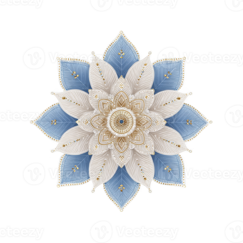 Detailed mandala design featuring intricate patterns with blue and white petals, accented by gold details, creating harmonious and calming visual effect png