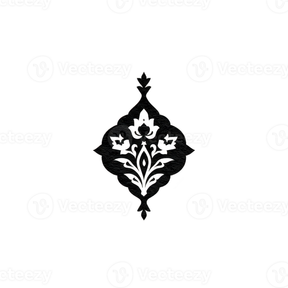 Ornate black floral design with symmetrical pattern, featuring intricate details and central floral motif. elegant design is suitable for decorative purposes, adding touch of sophistication png