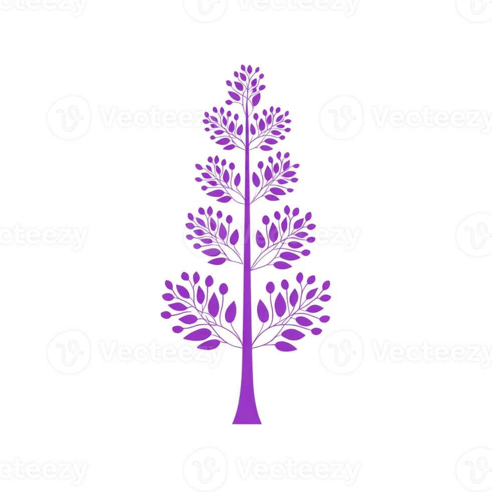 Purple tree illustration with stylized branches and leaves, isolated on transparency background. design is symmetrical and artistic, conveying sense of elegance and creativity png