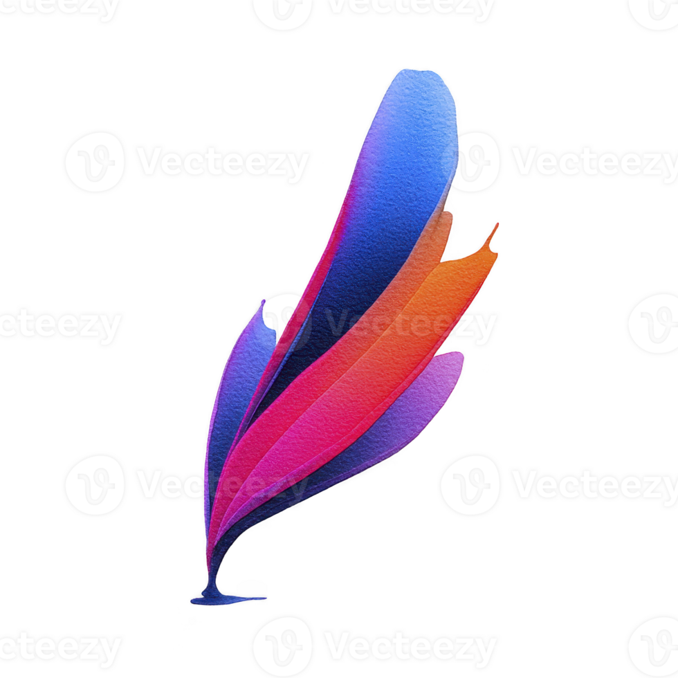 Vibrant, abstract feather design with gradient of blue, purple, pink, and orange hues, creating dynamic and artistic impression. feather appears to be painted with textured effect png