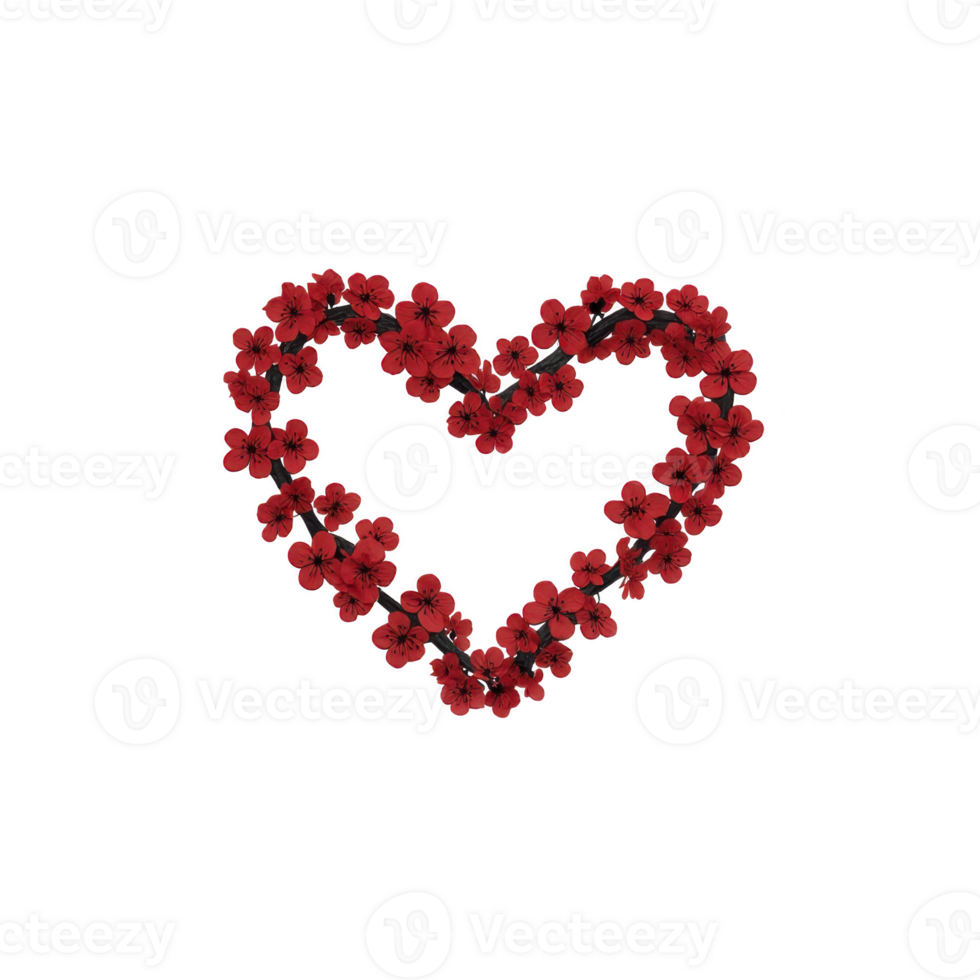 Heart shape made of red flowers creates romantic and artistic design, symbolizing love and affection. vibrant red petals form delicate and beautiful floral arrangement png