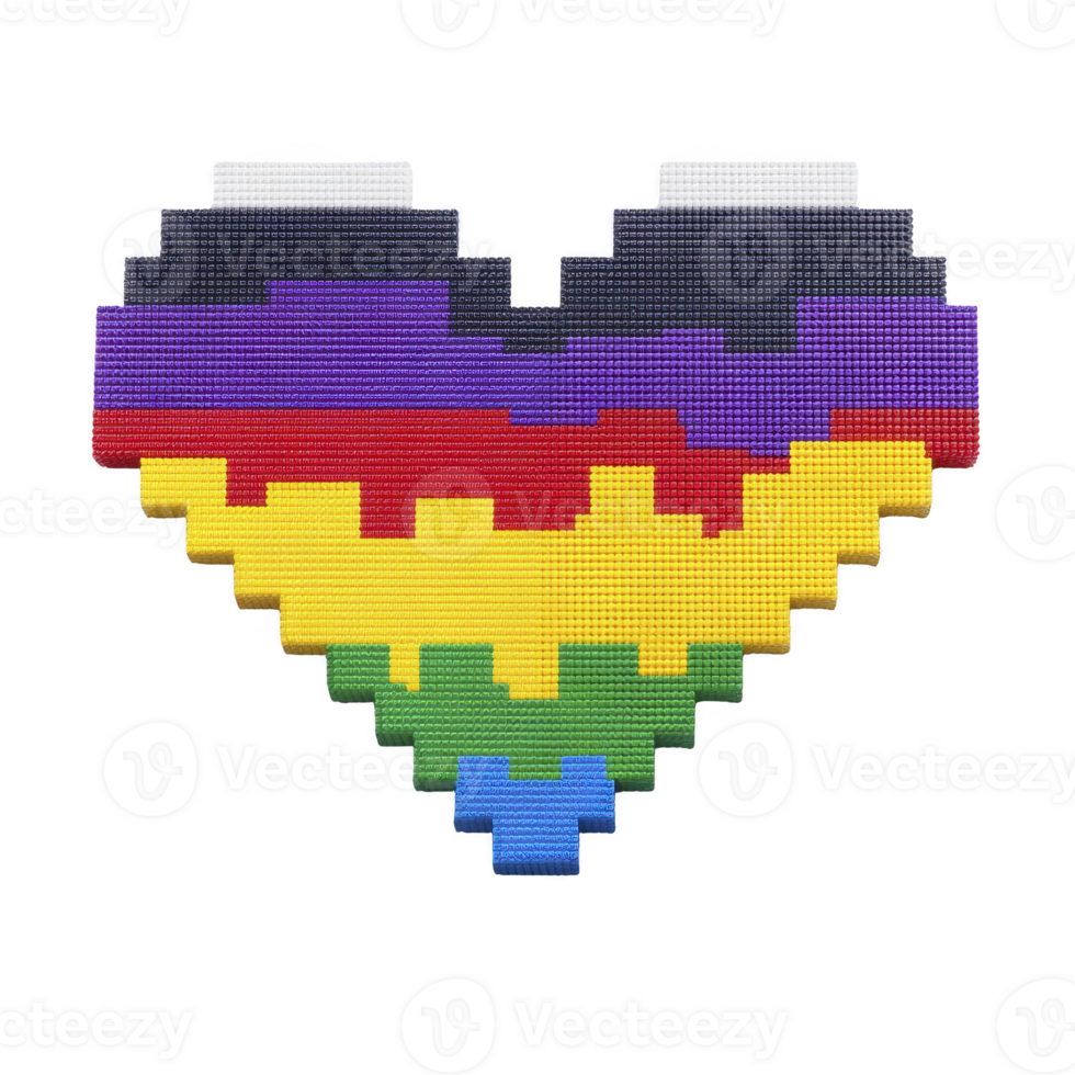 Pixelated heart design features vibrant colors in gradient pattern, symbolizing diversity and inclusion. heart shape is composed of small, square blocks, creating digital art effect png