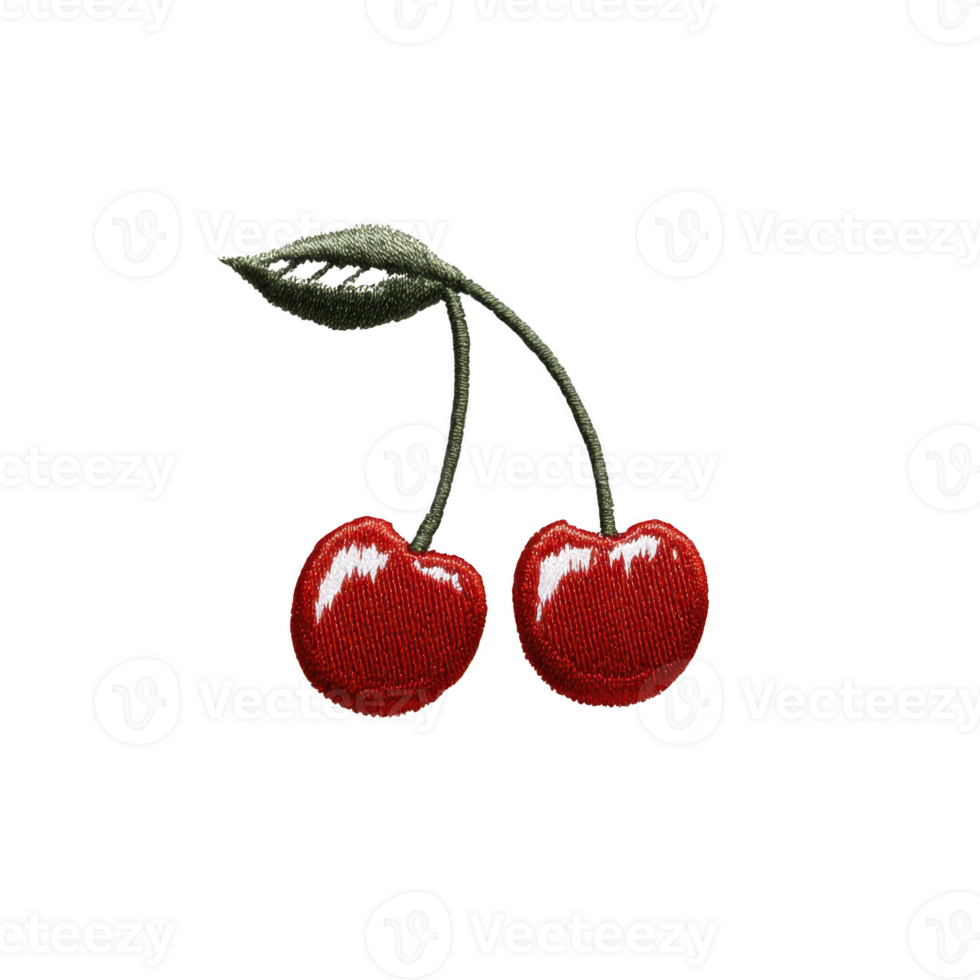 Vibrant embroidered patch featuring two red cherries with green stems and leaves, set against plain background, perfect for adding playful touch to clothing or accessories png