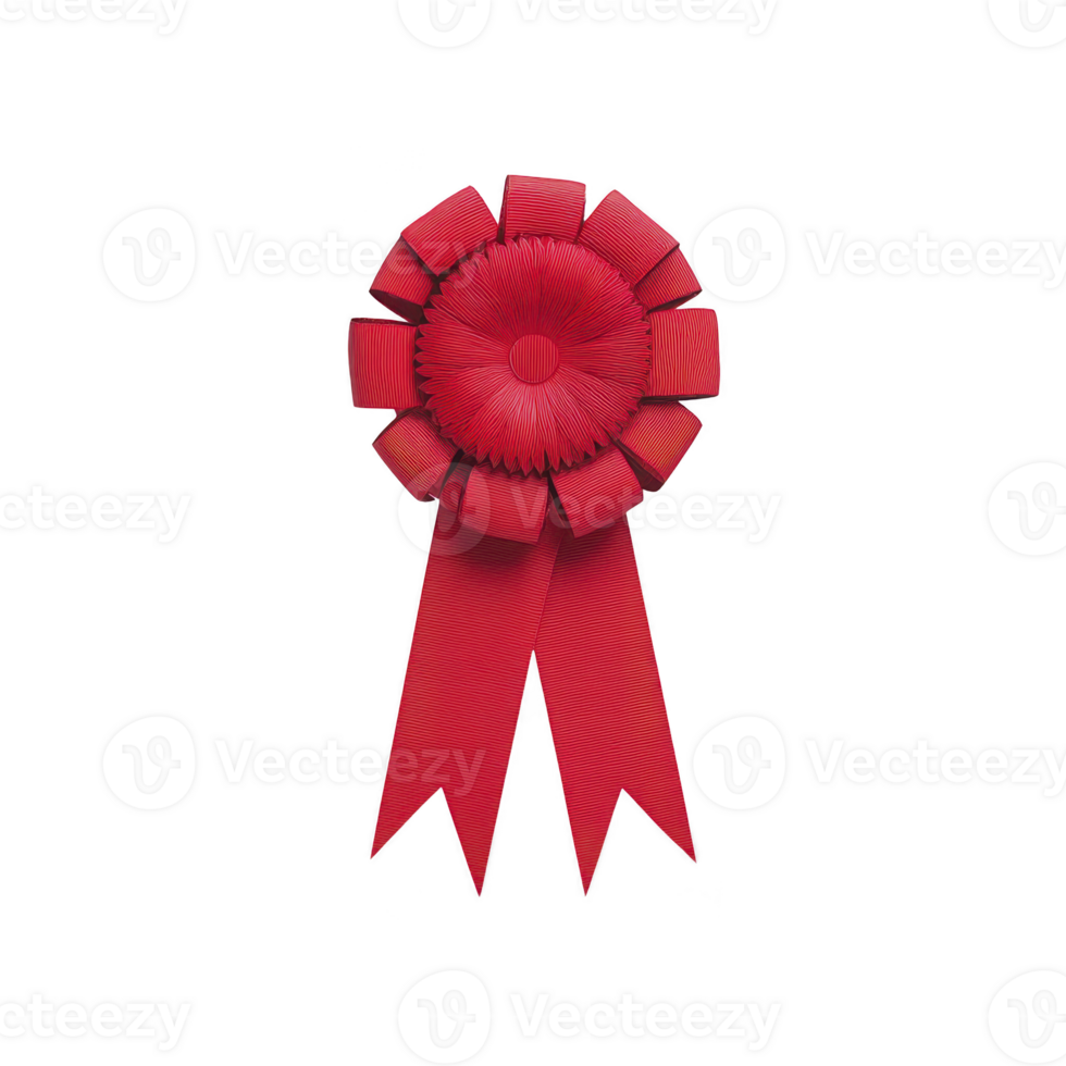 Vibrant red ribbon rosette with central flower design and two trailing ribbons, symbolizing achievement or celebration. rosette is isolated on transparency background, emphasizing its bright color png