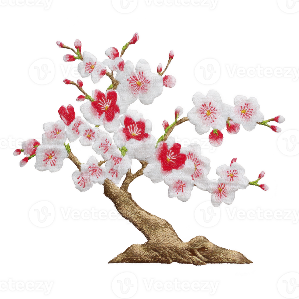 Beautiful embroidered cherry blossom tree with delicate pink and white flowers on textured brown trunk, showcasing intricate stitching and vibrant colors png