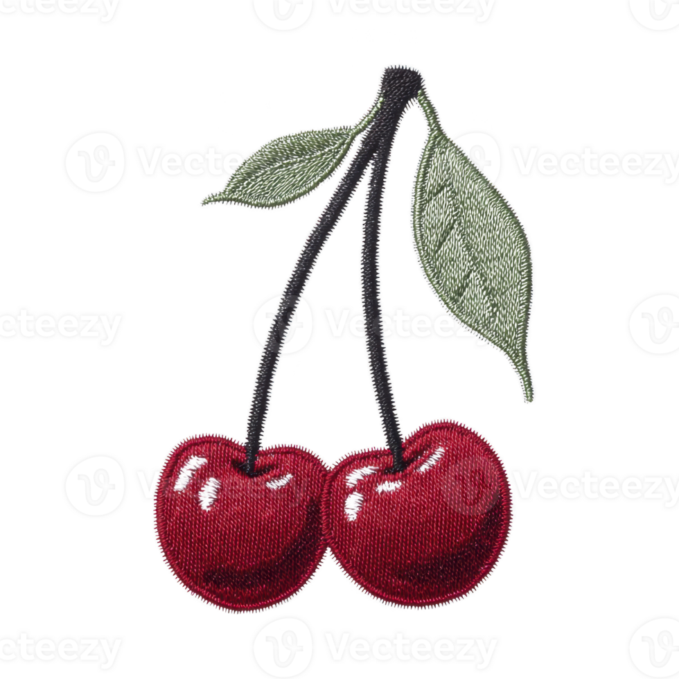 Vibrant embroidered patch featuring two red cherries with green leaves, showcasing intricate stitching and playful design. Perfect for adding touch of fun to clothing or accessories png