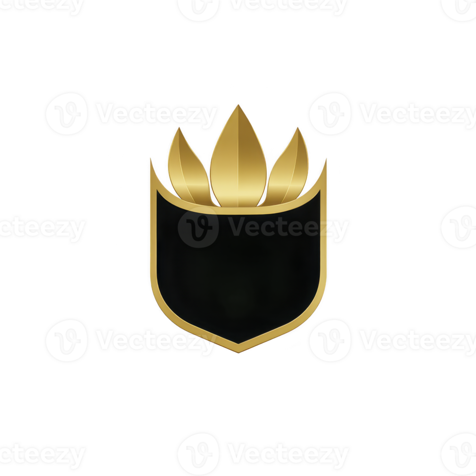 Sleek black shield with golden flame design on top, symbolizing strength and elegance. minimalist style and contrasting colors create modern and sophisticated emblem png