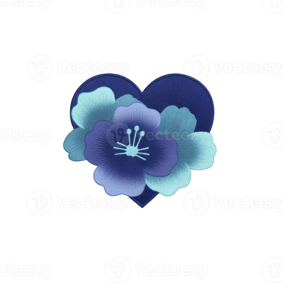 Heart shaped blue floral embroidery design featuring layered petals and intricate stitching, creating delicate and artistic appearance. design combines shades of blue and purple, adding depth png