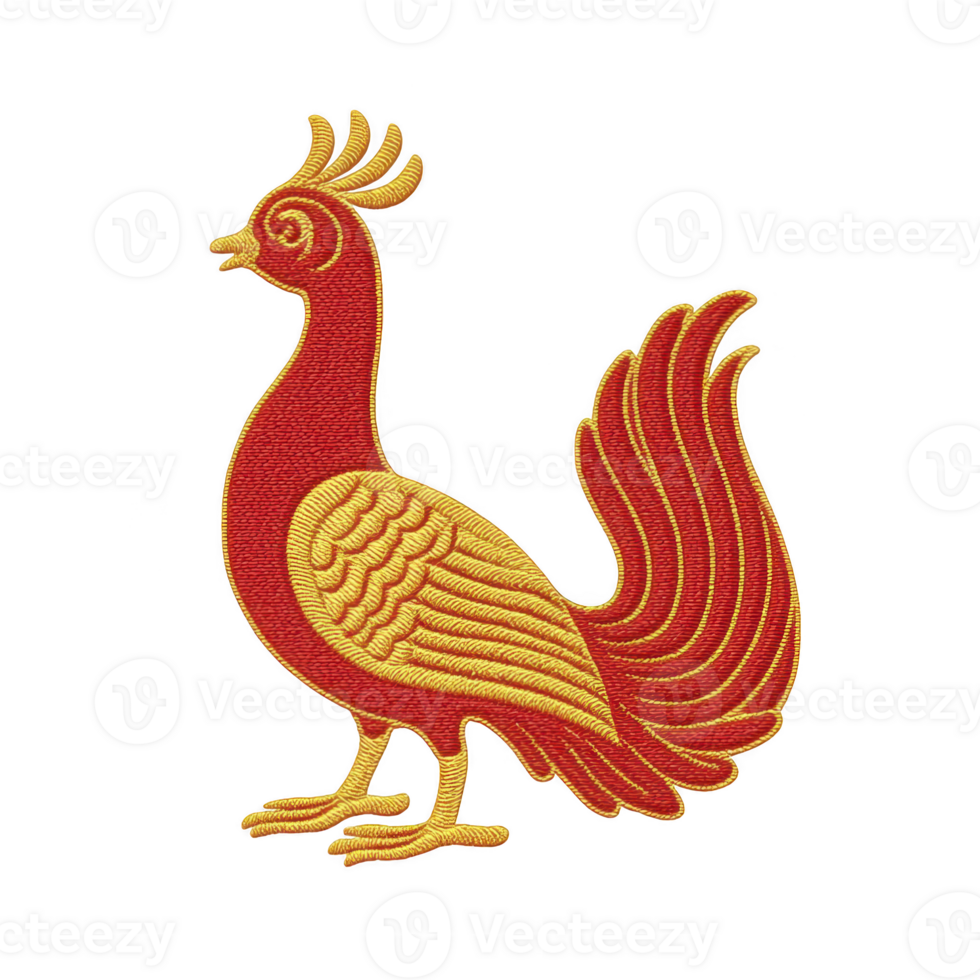 Vibrant embroidered rooster design in red and gold, showcasing intricate details and proud stance, perfect for textile art or decorative purposes png