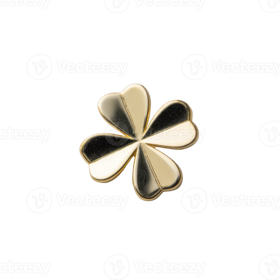 Shiny gold four leaf clover pin with reflective surface symbolizes luck and elegance. pin smooth, polished finish adds touch of sophistication, making it stylish accessory png