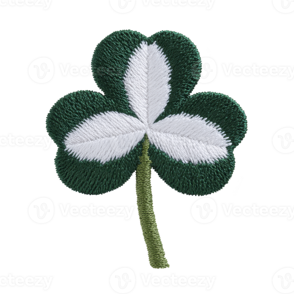 Green and white embroidered shamrock with three leaves, symbolizing luck and Irish heritage, is depicted on plain background. stitching detail adds texture and depth png