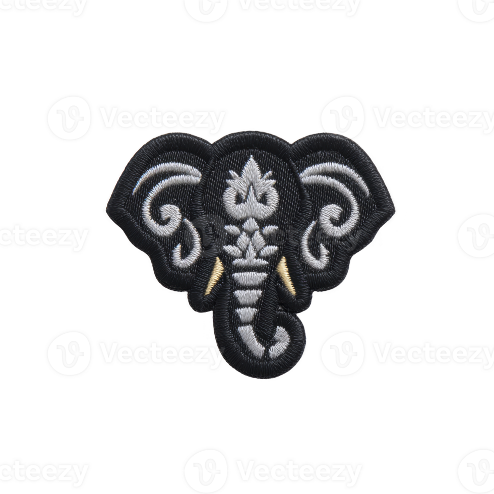 Embroidered patch features intricate elephant head design with detailed patterns, showcasing blend of gray and white threads on transparency background png