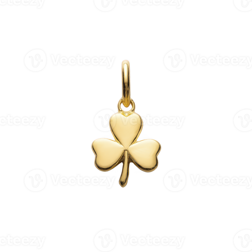 Gold shamrock pendant with smooth finish and small loop for attaching to chain, symbolizing luck and elegance png