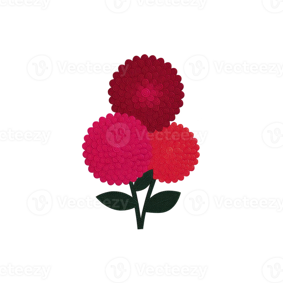 Three vibrant dahlias in shades of red and pink are arranged with green leaves, creating striking floral display. intricate petal patterns add touch of elegance to composition png