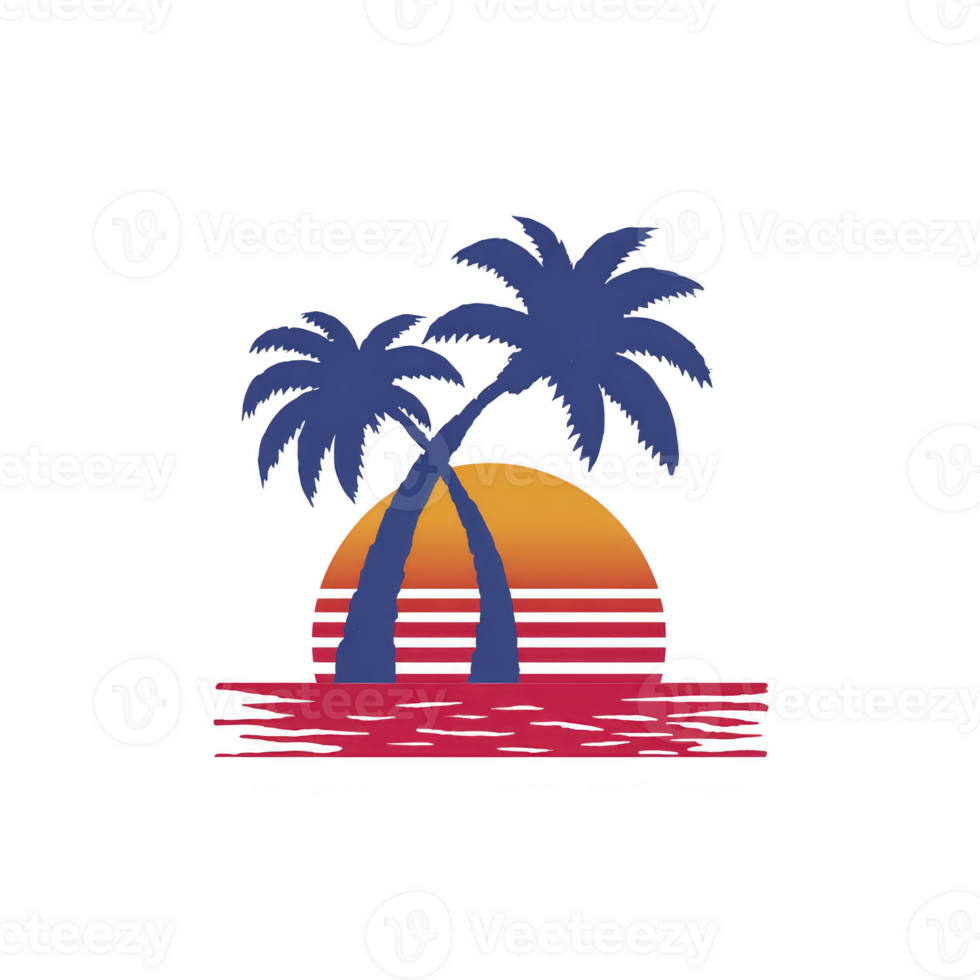 Vibrant illustration of two palm trees silhouetted against colorful sunset, with warm gradient sky and reflective water, evokes tropical paradise png