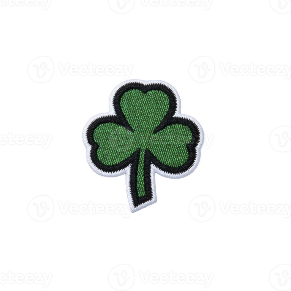 Green shamrock patch with white border, symbolizing luck and Irish heritage, is displayed on transparency background. design is simple and iconic, often associated with St. Patrick Day png