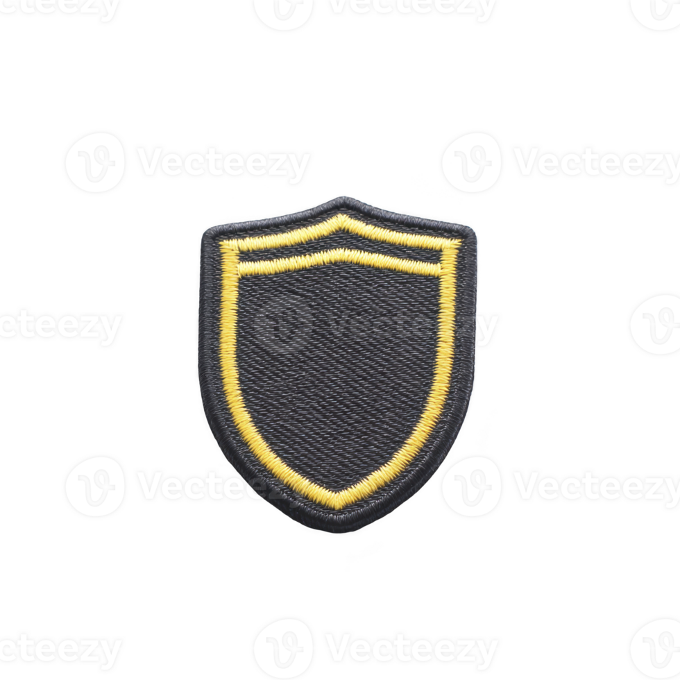 Black and yellow embroidered shield patch with simple design, featuring transparency background and yellow border, isolated on transparency background png