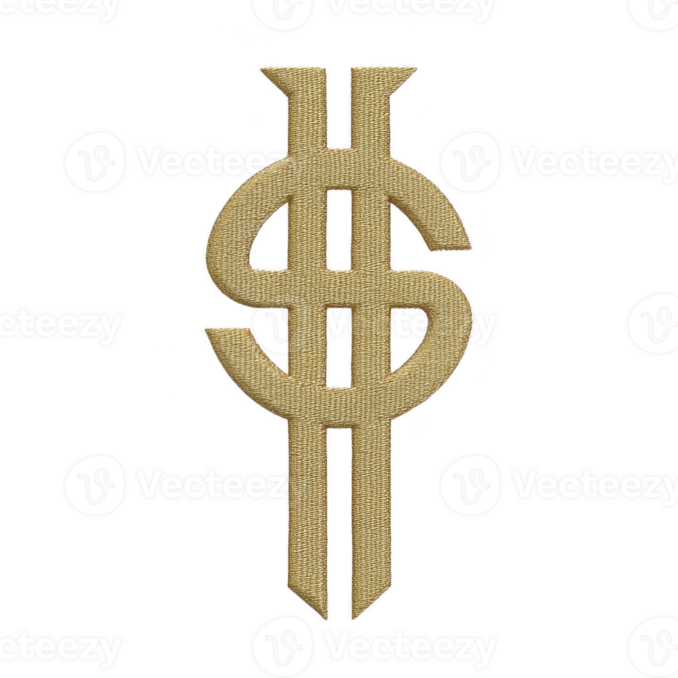 Gold embroidered patch features stylized dollar sign with two vertical lines, symbolizing wealth and luxury. intricate design and metallic thread create striking visual effect png