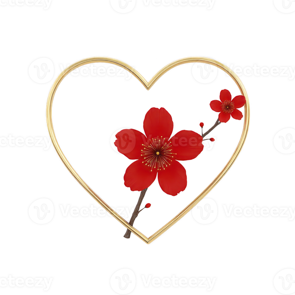 Delicate red flower with golden heart frame creates romantic and elegant design, perfect for expressing love and affection. vibrant petals contrast beautifully with metallic outline png