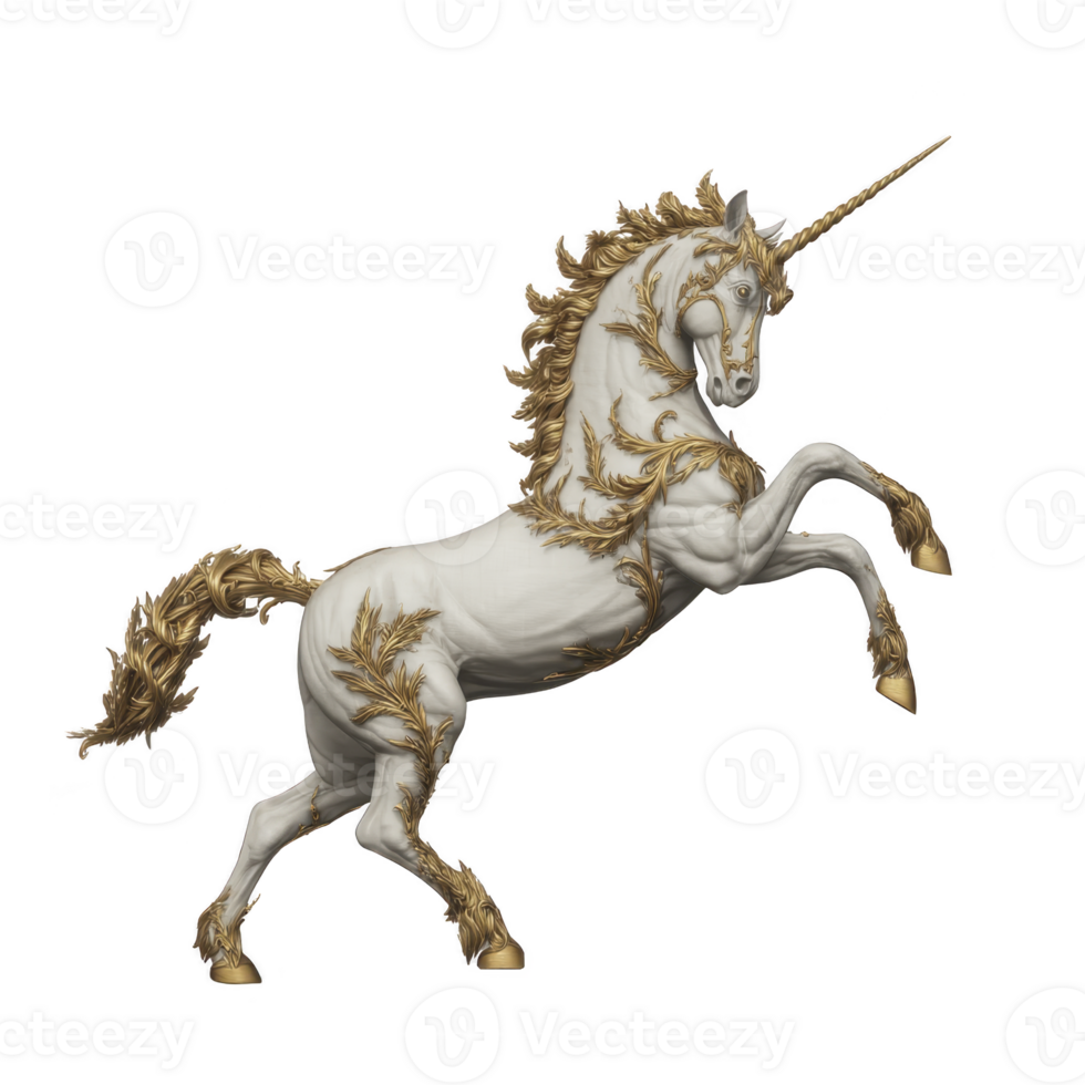 Majestic white unicorn with golden ornate details stands its hind legs, exuding elegance and fantasy. intricate gold embellishments highlight its mane, tail, and hooves, creating magical png