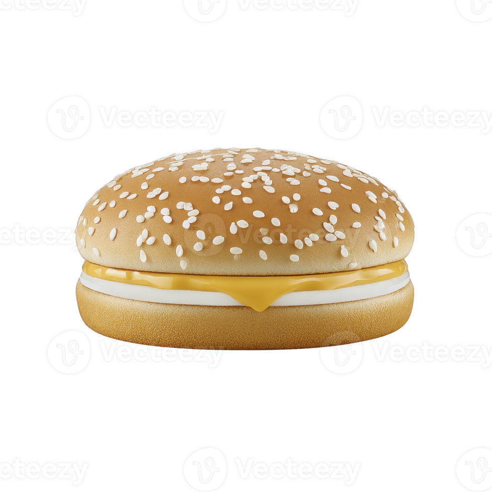 Cheeseburger with sesame seed bun, melted cheese, and slice of onion is shown against transparency background. simple and classic presentation highlights fast food style png