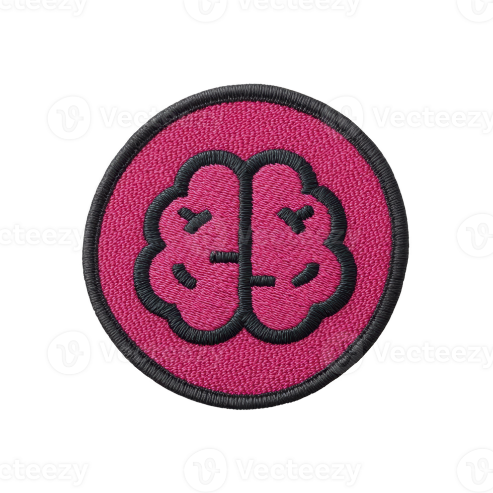 Vibrant embroidered patch features stylized brain design in black on bright pink circular background, symbolizing creativity and intelligence png