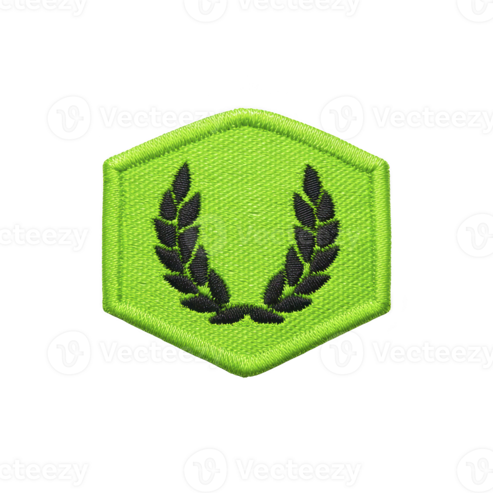 Green embroidered patch with black laurel wreath design, symbolizing achievement or honor, on hexagonal shape. patch is isolated on transparency background png