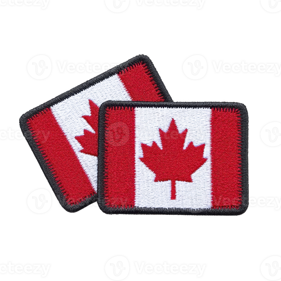 Two embroidered patches featuring Canadian flag with red maple leaf on transparency background, bordered by red stripes, are displayed. patches have black border and are placed on plain surface png
