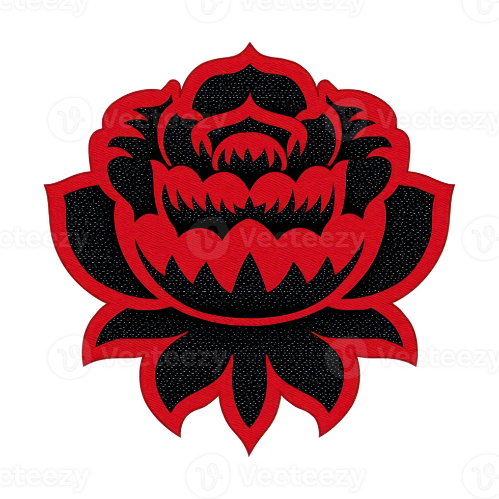Bold red and black floral design featuring stylized lotus flower with intricate patterns, creating striking and artistic appearance. contrasting colors enhance its visual impact png