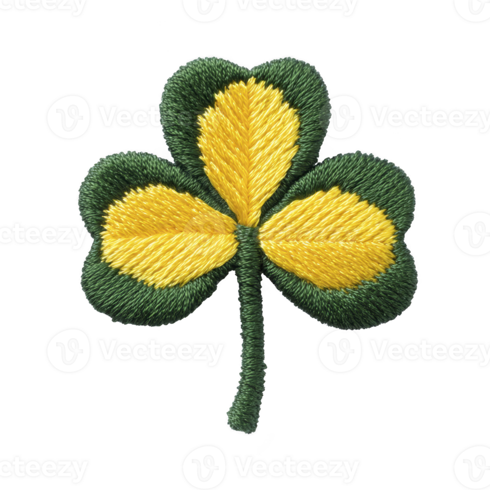 Vibrant embroidered patch of three leaf clover with green and yellow threads, symbolizing luck and nature. intricate stitching adds texture and depth to design png