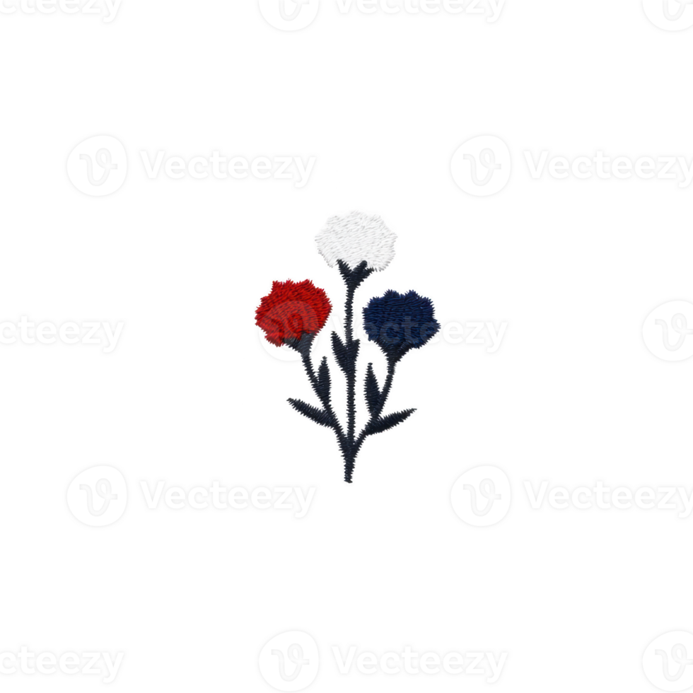 Delicate embroidered design features three flowers in red, white, and blue, symbolizing unity and diversity. intricate stitching highlights vibrant colors against transparency background png