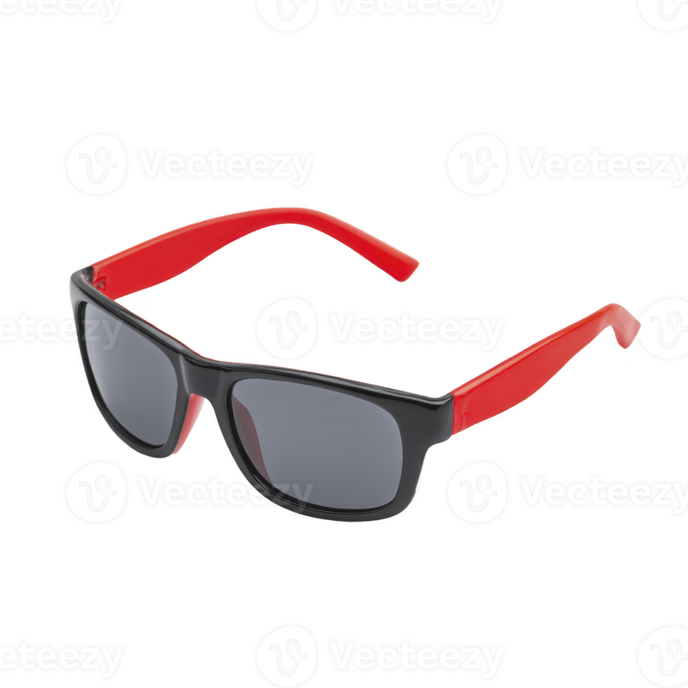 Sleek black sunglasses with vibrant red arms, featuring modern design and dark lenses, perfect for stylish sun protection png