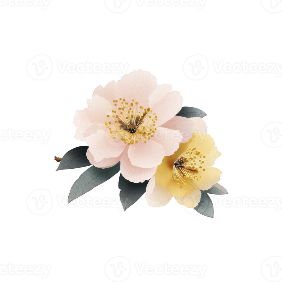 Two delicate flowers with soft pink and yellow petals are beautifully arranged, accompanied by green leaves, creating serene and elegant floral composition png