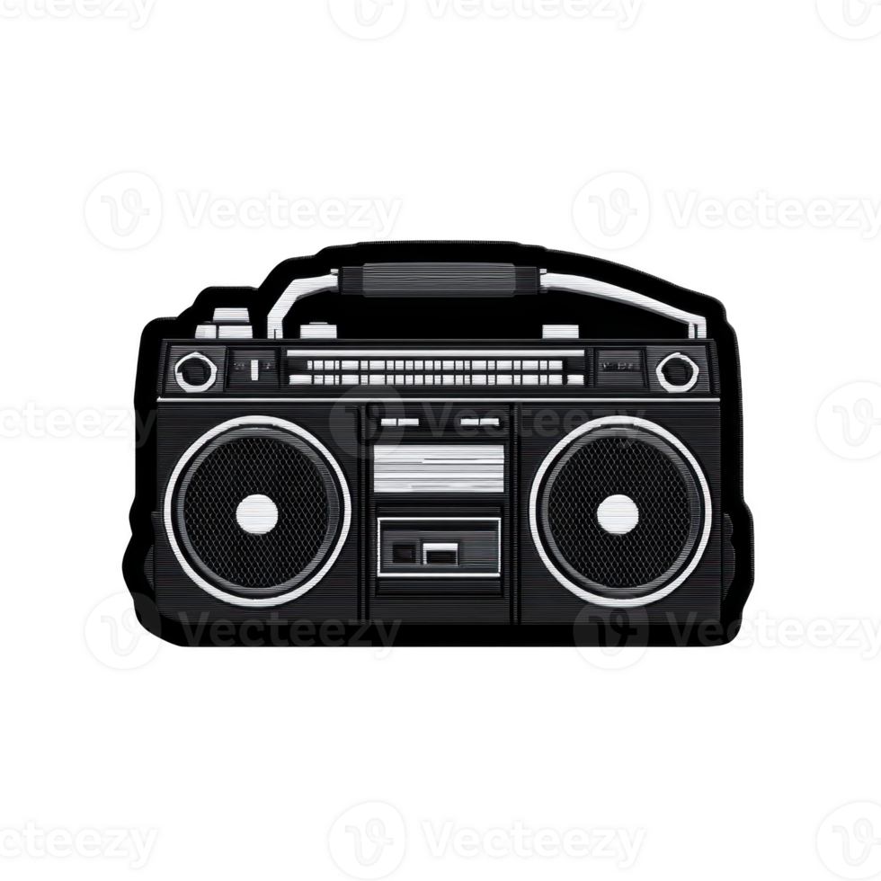 Vintage black boombox with dual speakers and detailed controls evokes nostalgia and retro vibes. classic design highlights its iconic status in music history png