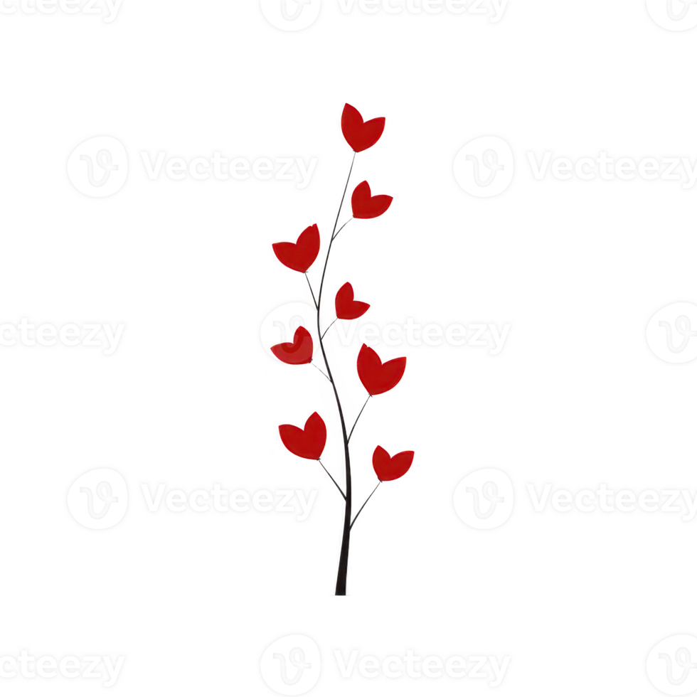 Branch with red heart shaped leaves on black stem, symbolizing love and nature. simple design evokes feelings of romance and elegance, perfect for decorative purposes png