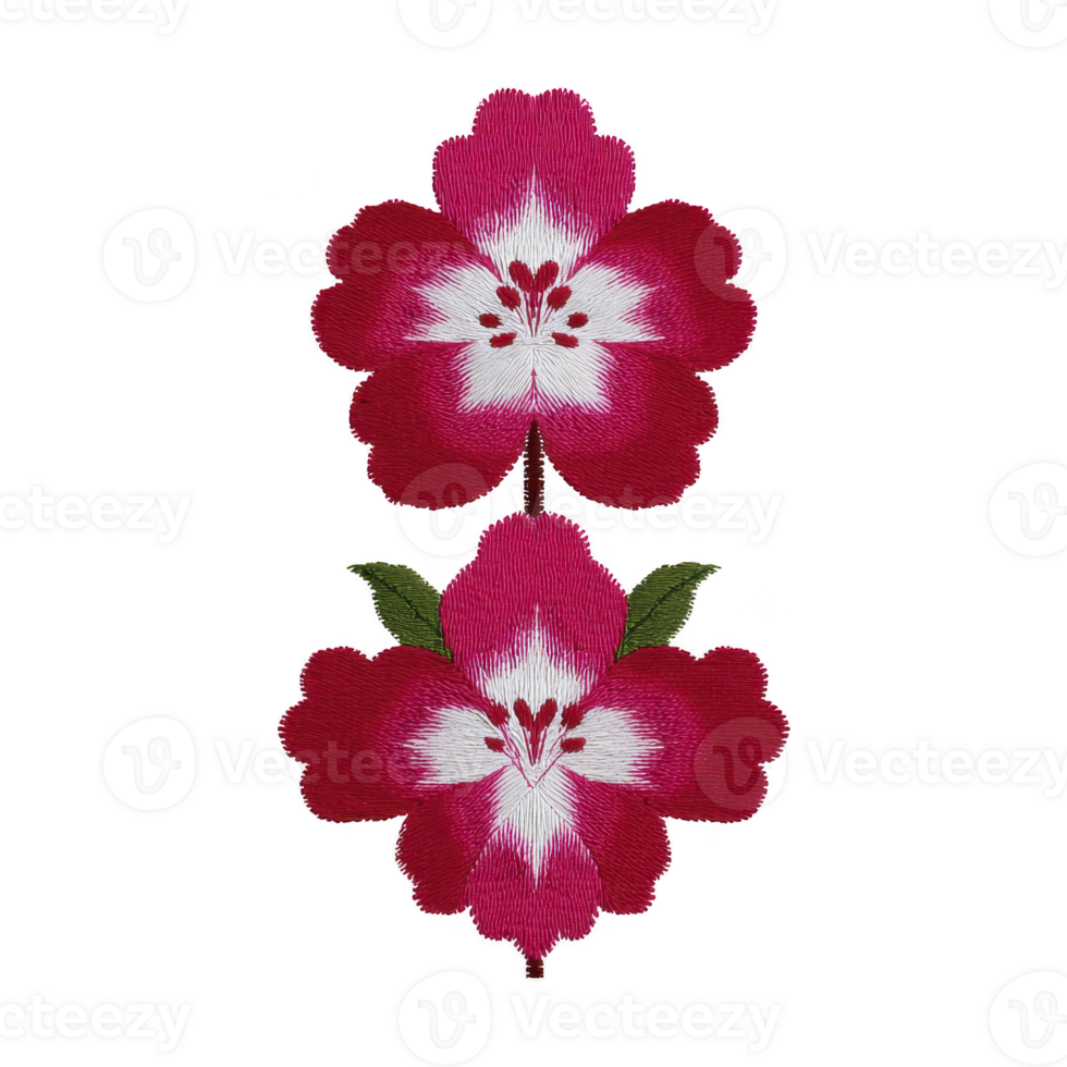 Two vibrant red and white embroidered flowers with green leaves are arranged vertically, showcasing intricate stitching and symmetrical design. floral pattern is set against plain background png