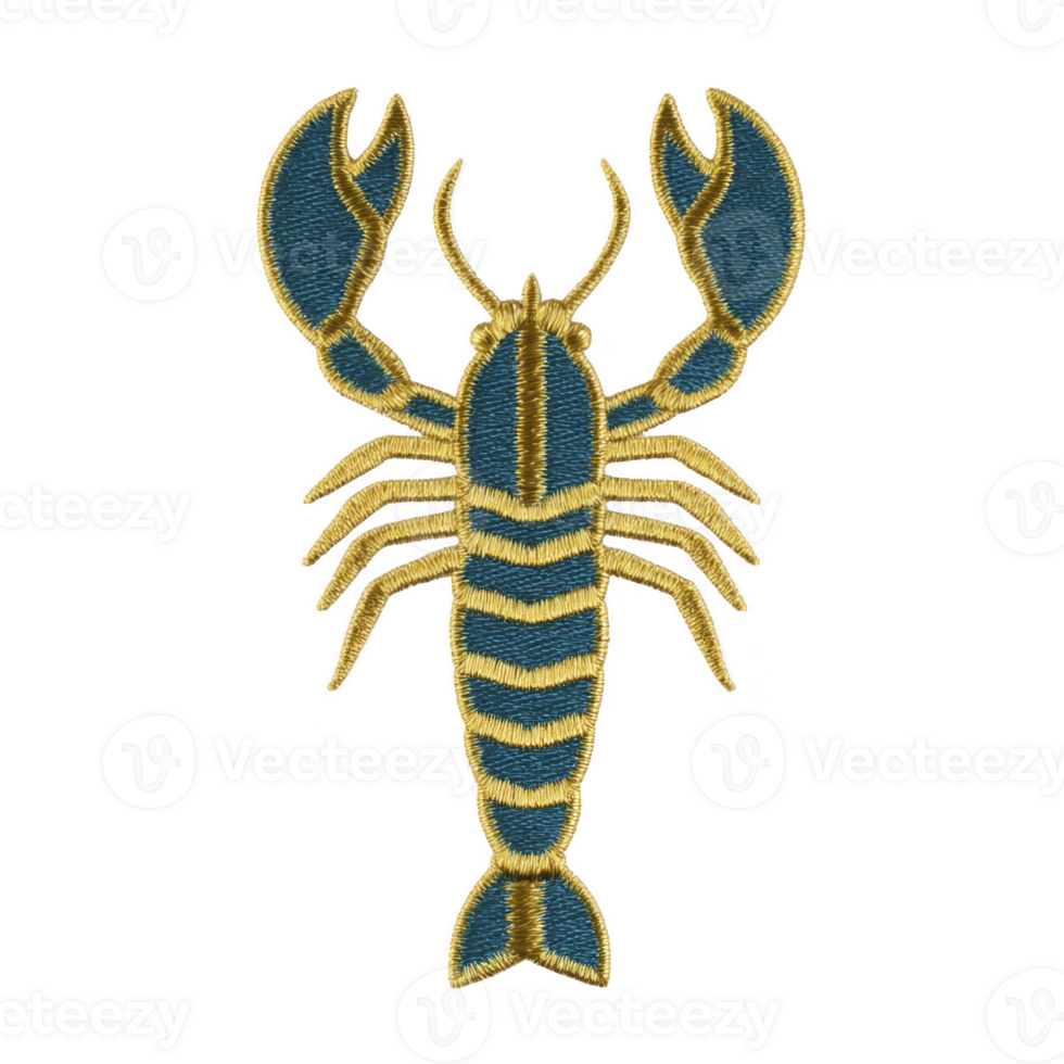 Detailed embroidered patch of lobster in blue and gold colors, showcasing intricate stitching and design. patch is isolated on transparency background, highlighting its craftsmanship png