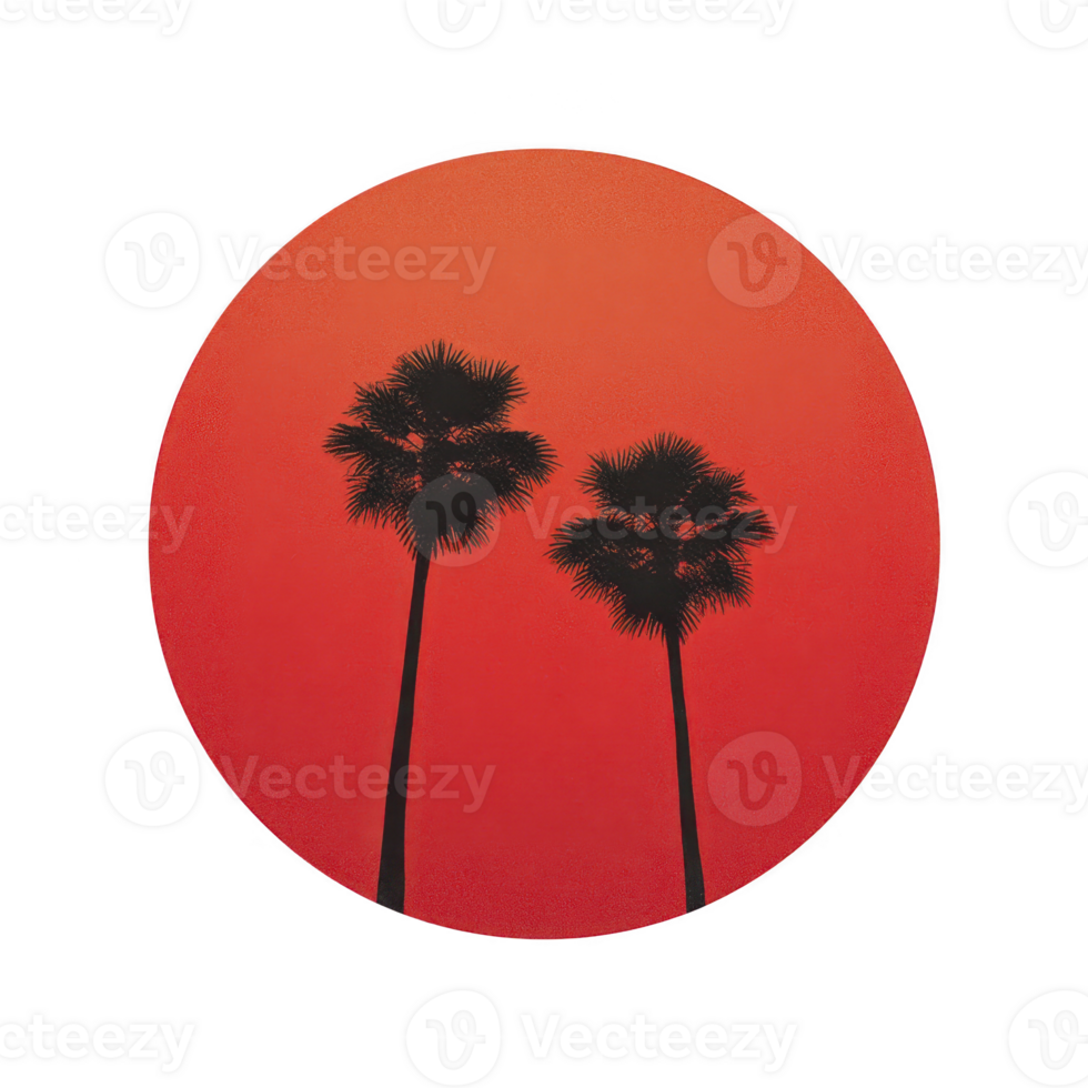 Two silhouetted palm trees stand against vibrant red sunset, creating serene and tropical atmosphere. circular composition enhances artistic and minimalist style png