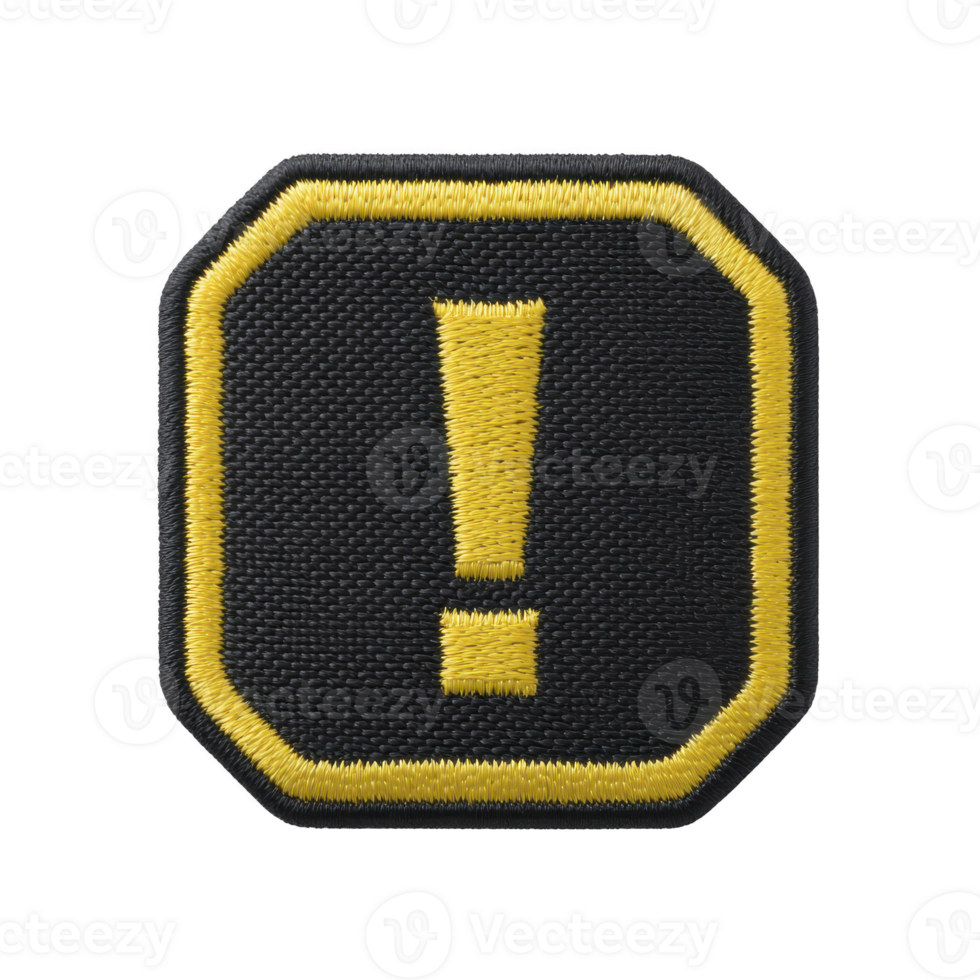 Black and yellow embroidered patch features exclamation mark, symbolizing caution or alert. patch has hexagonal shape with bold border, conveying sense of urgency png