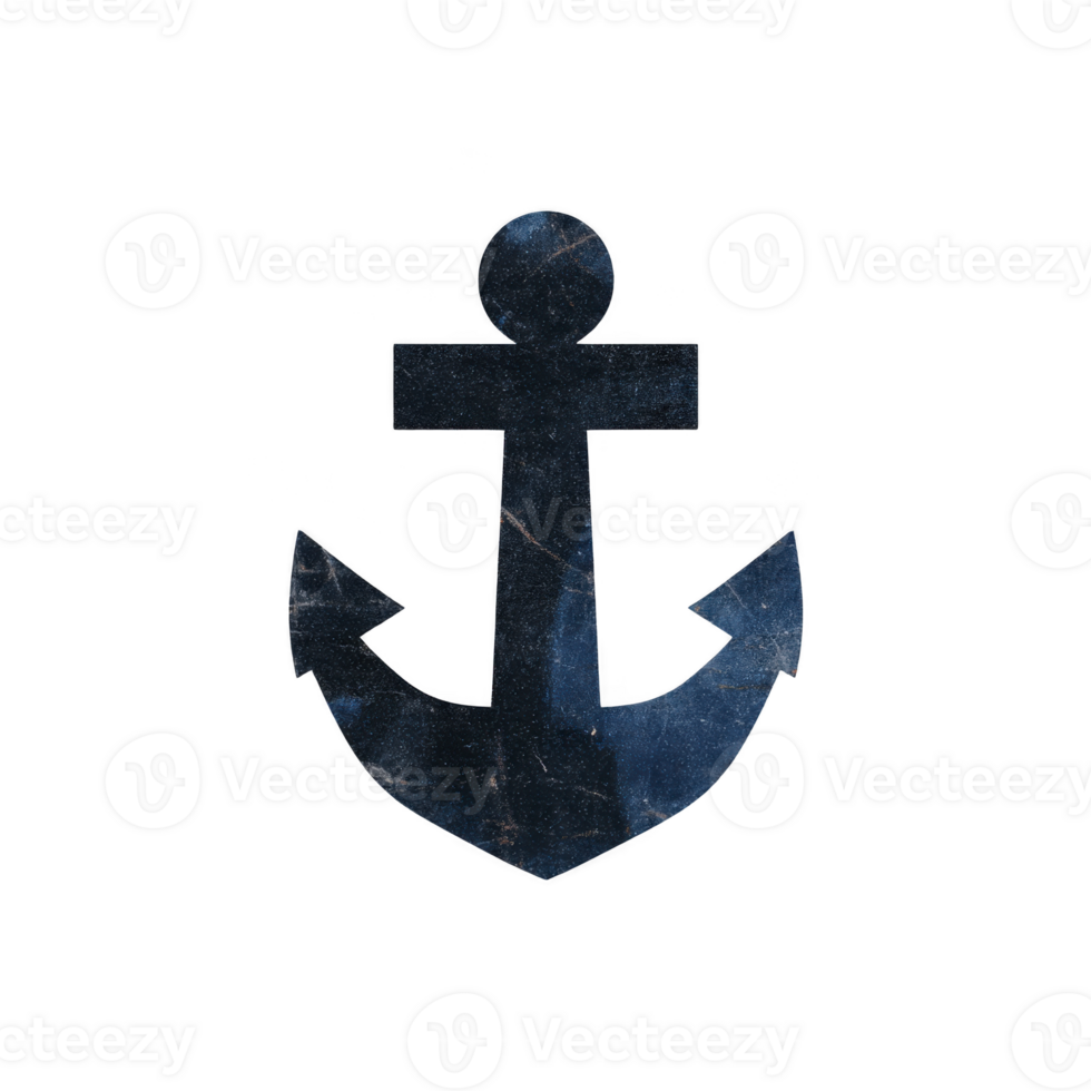 Weathered, dark blue anchor symbol with rustic texture, isolated on transparent background, evokes nautical theme. design suggests strength and stability png