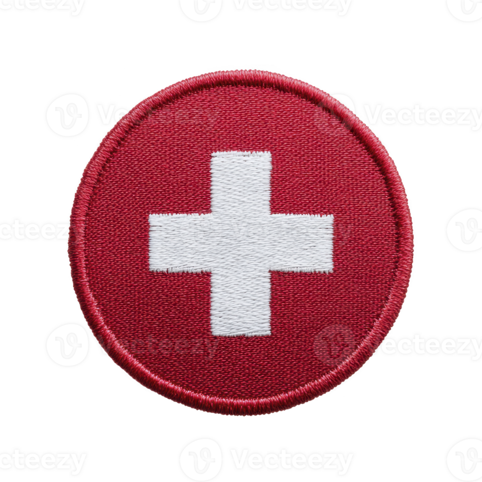 Round embroidered patch features white cross on red background, symbolizing first aid or medical emblem. design is simple and iconic, often associated with emergency services png