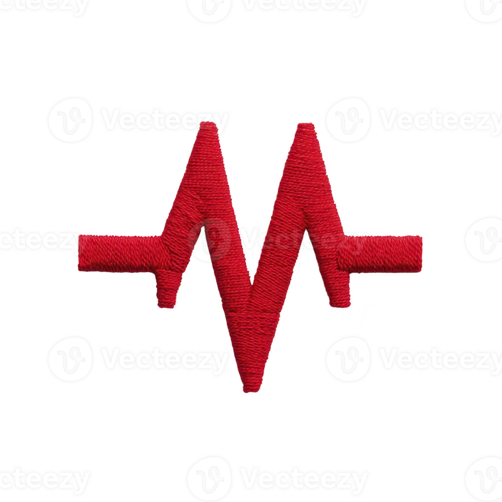 Red embroidered heartbeat line symbol on transparency background, representing health and vitality. design is simple and bold, often used in medical or fitness contexts png