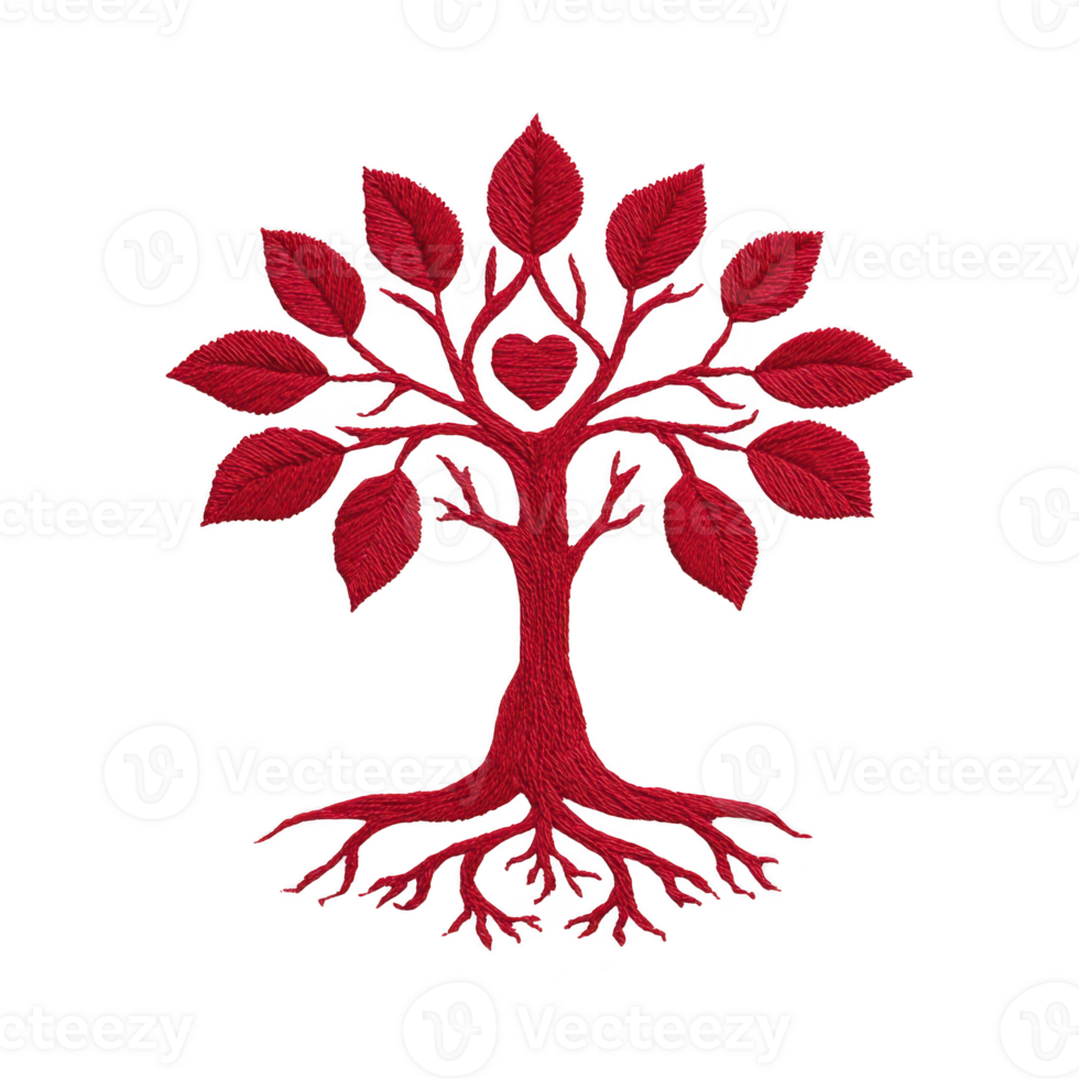 Red tree with heart shaped leaves and intricate roots symbolizes love and growth. design is embroidered, showcasing detailed craftsmanship against transparency background png